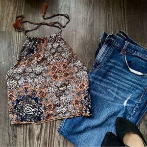 American Eagle Boho Floral Mosaic Halter Top with Tassels – Size M